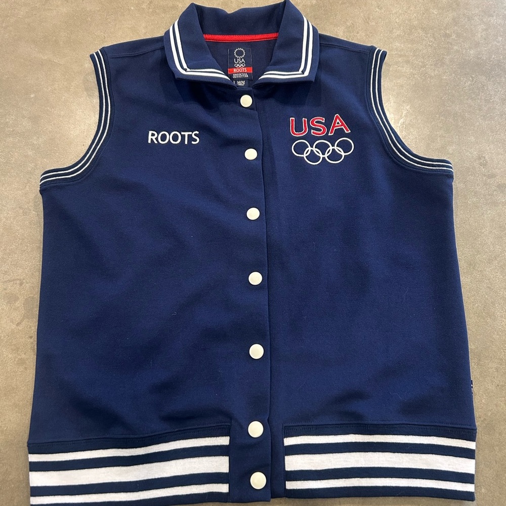 Roots Blue and White Varsity Vest